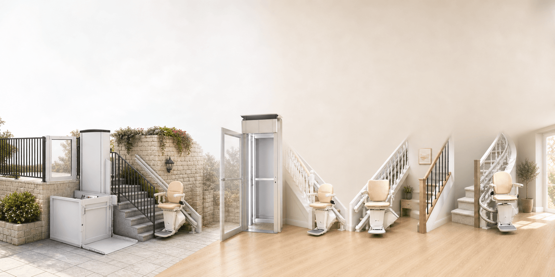 Illustration présentant une gamme de solutions d'accessibilité : plateforme extérieure, ascenseur de maison, monte-escaliers droits et courbes